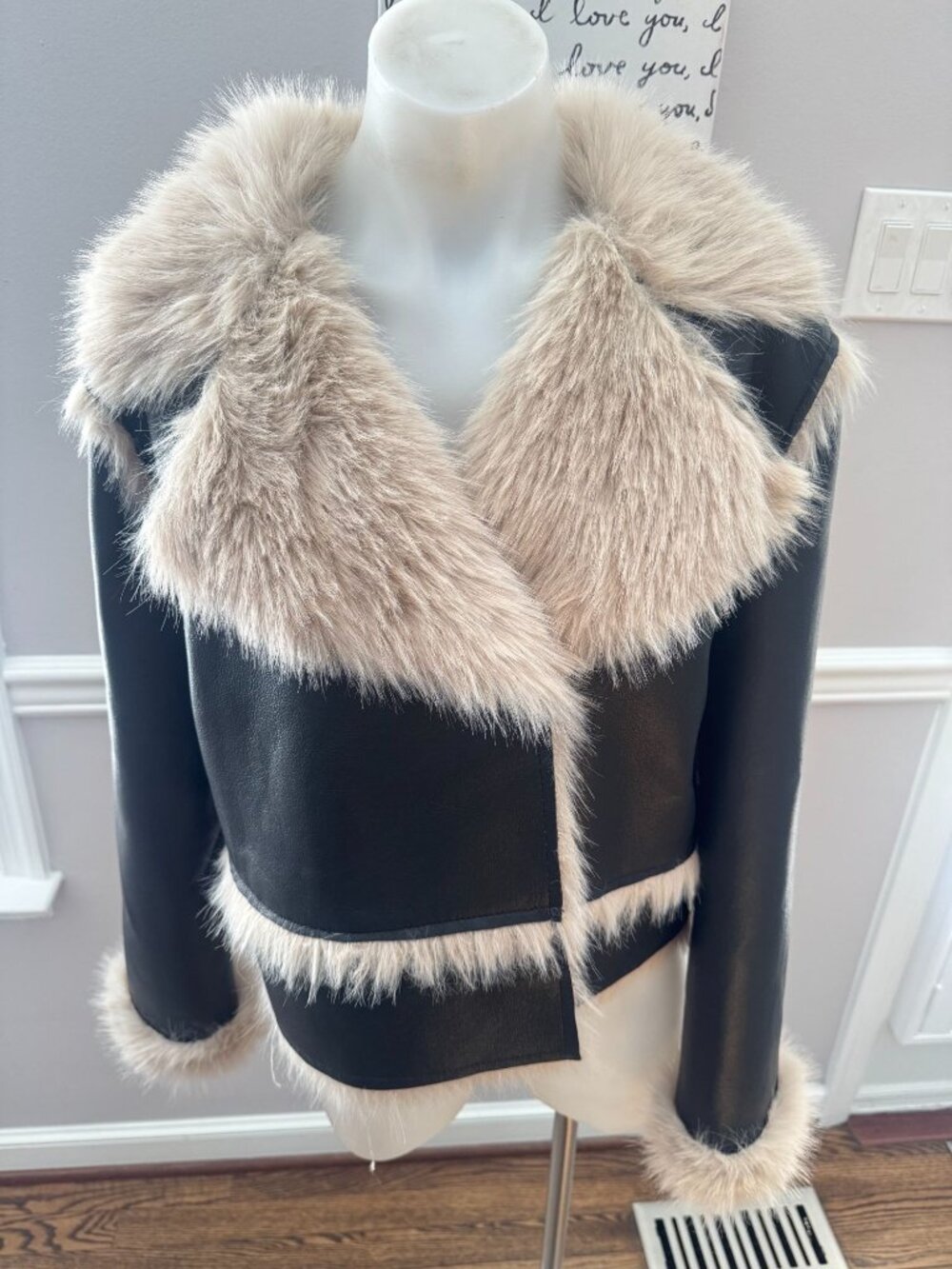 NWT BEULAH STYLE Faux Leather Faux Fur Moto Jacket Black 70's Size Small